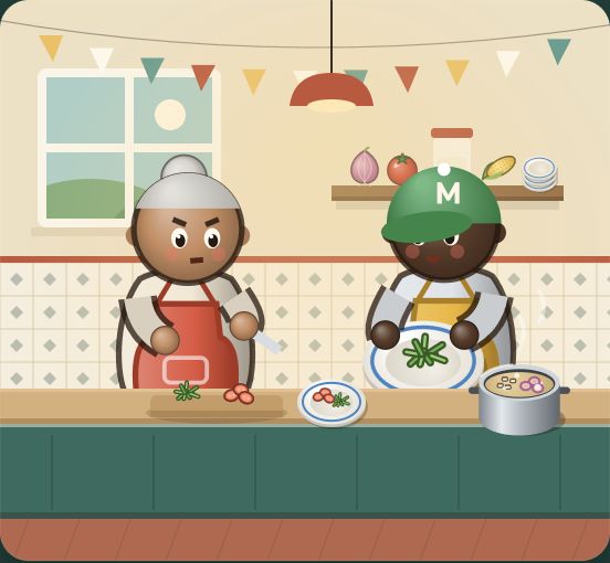 Dois cozinheiros preparando comida na cozinha comunitária